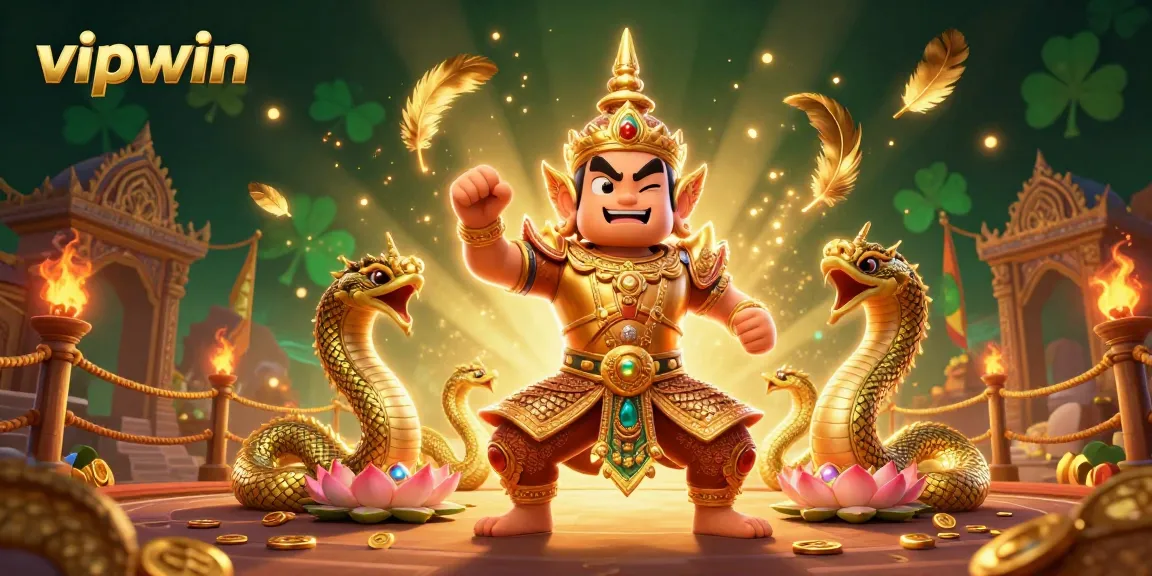 Experience thrilling gameplay with vipwin as golden guardians and serpents surround a vibrant casino scene.
