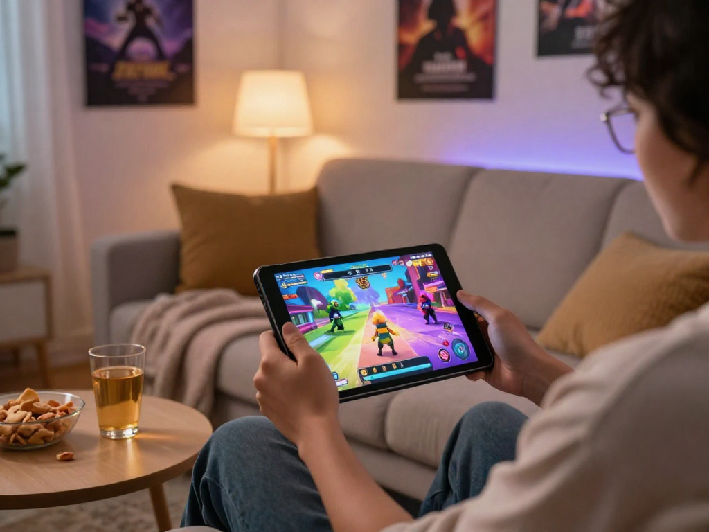 Player enjoying a mobile porn game on a tablet in a cozy home setting with vibrant graphics.