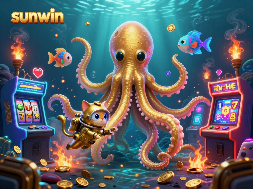 Experience the excitement of sunwin with a vibrant kraken, diving cat, and slot elements in a casino-themed underwater scene.
