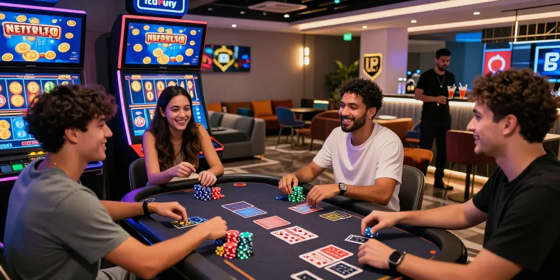 Exciting crypto casino gaming scene with players engaging at high-tech terminals, vibrant atmosphere.