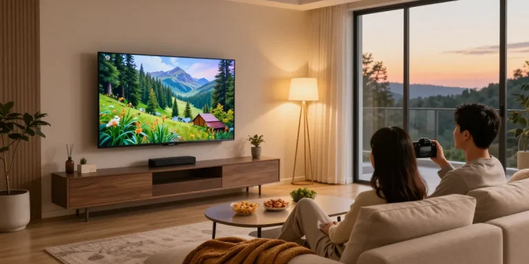 Couple enjoying a mini LED TV in a cozy living room with sunset views.