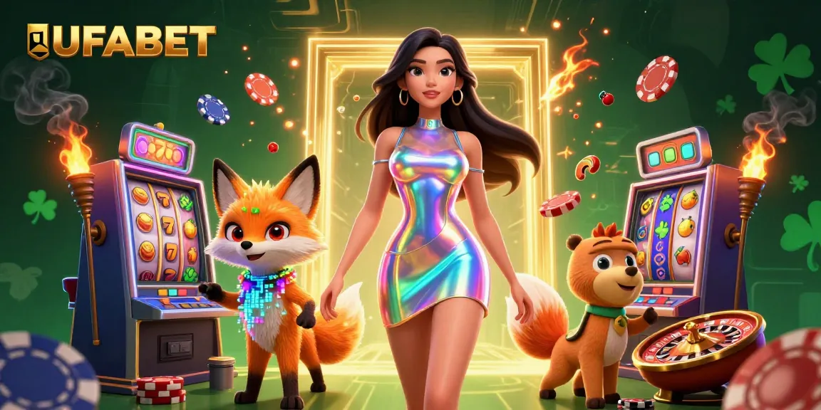 Experience the excitement at UFABET with a vibrant 3D casino scene featuring colorful slot machines and dynamic characters.