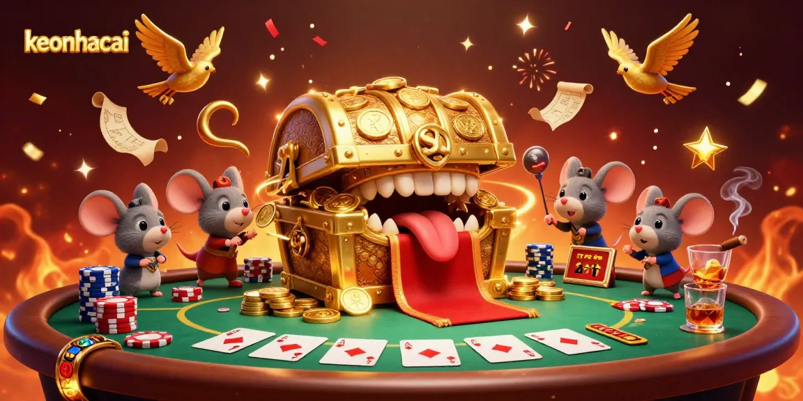Engage in thrilling action with keonhacai and a treasure chest, surrounded by poker game elements in a vibrant casino setting.