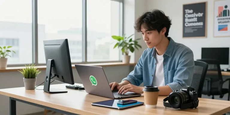 Downloading WhatsApp下載 in a bustling tech workspace with laptops and gadgets.