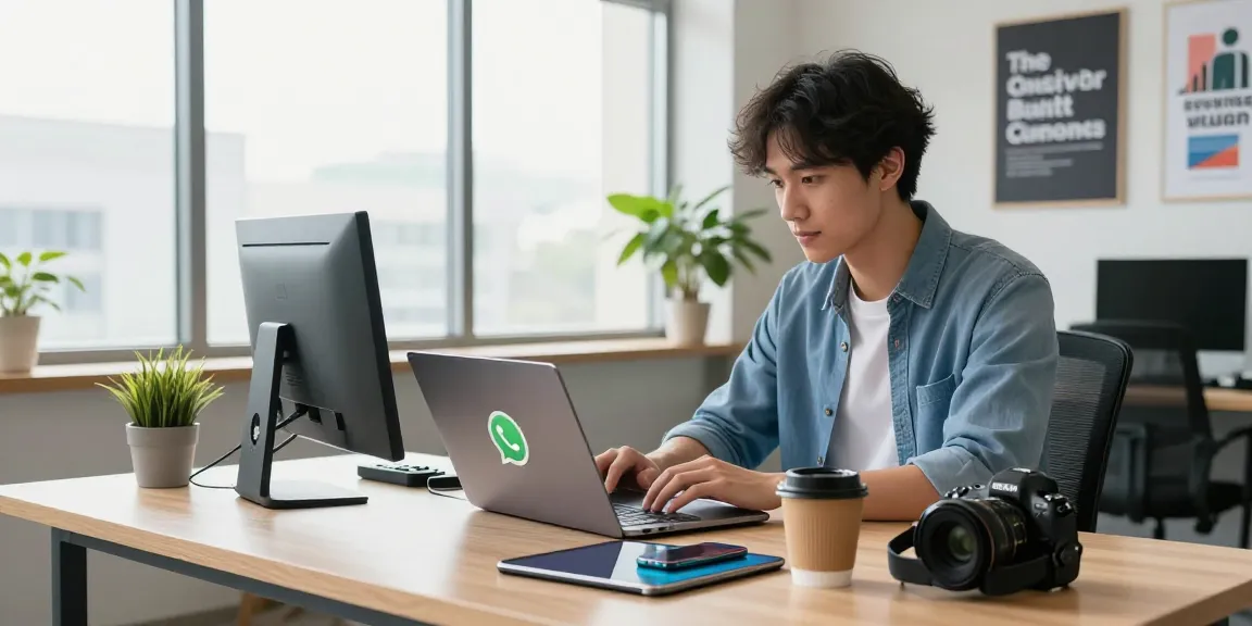 Downloading WhatsApp下載 in a bustling tech workspace with laptops and gadgets.