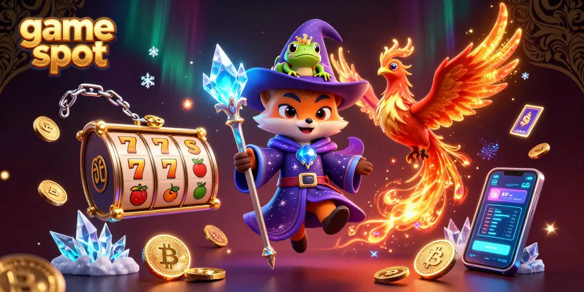 Engaging game slot scene with a wizard fox, phoenix, and sparkling slots.