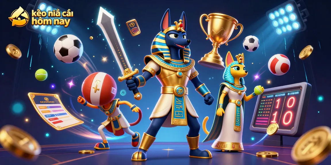 Explore kèo nhà cái hôm nay with vibrant Egyptian warriors amidst dynamic sports betting elements.