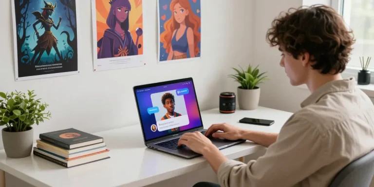 Engaging in AI NSFW chat from a modern home office, featuring vibrant character interactions.