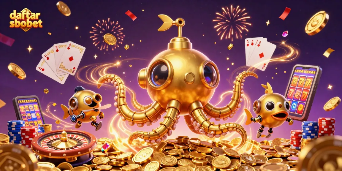 Engage with daftar sbobet in a vibrant casino scene filled with golden kraken and treasures.