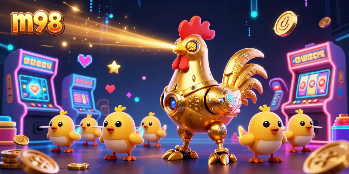 Engage with m98's vibrant casino scene showcasing a golden rooster robot and arcade game elements.