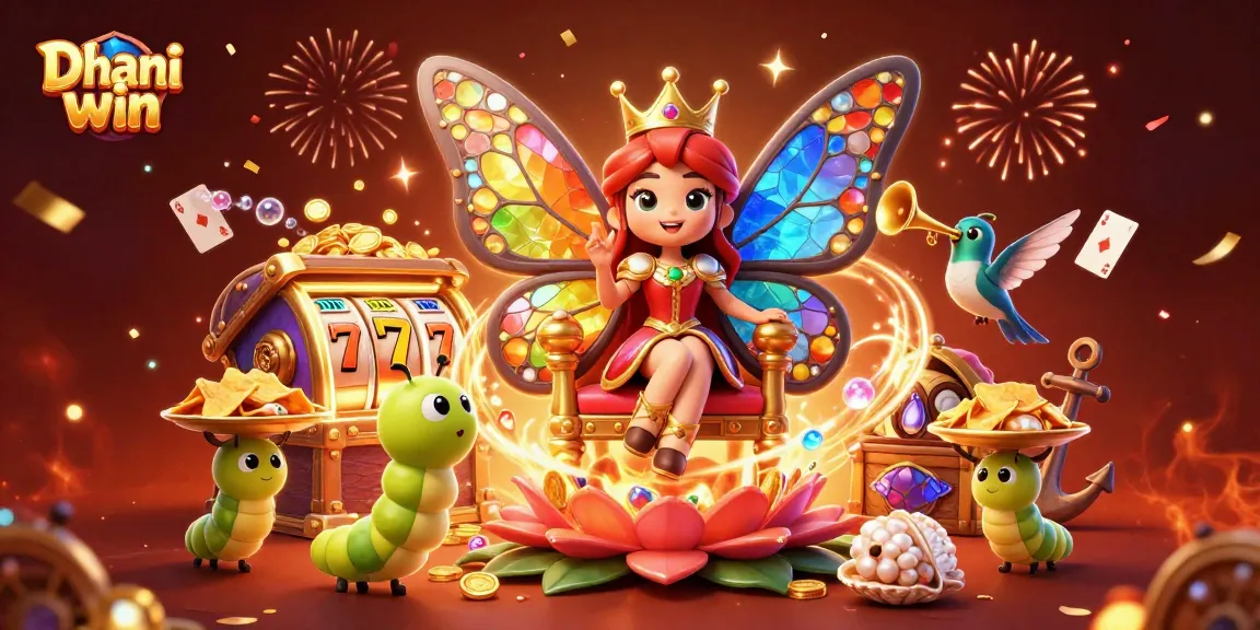 Dhani win offers vibrant gameplay with colorful slot reels and exciting bonuses in a captivating illustration.