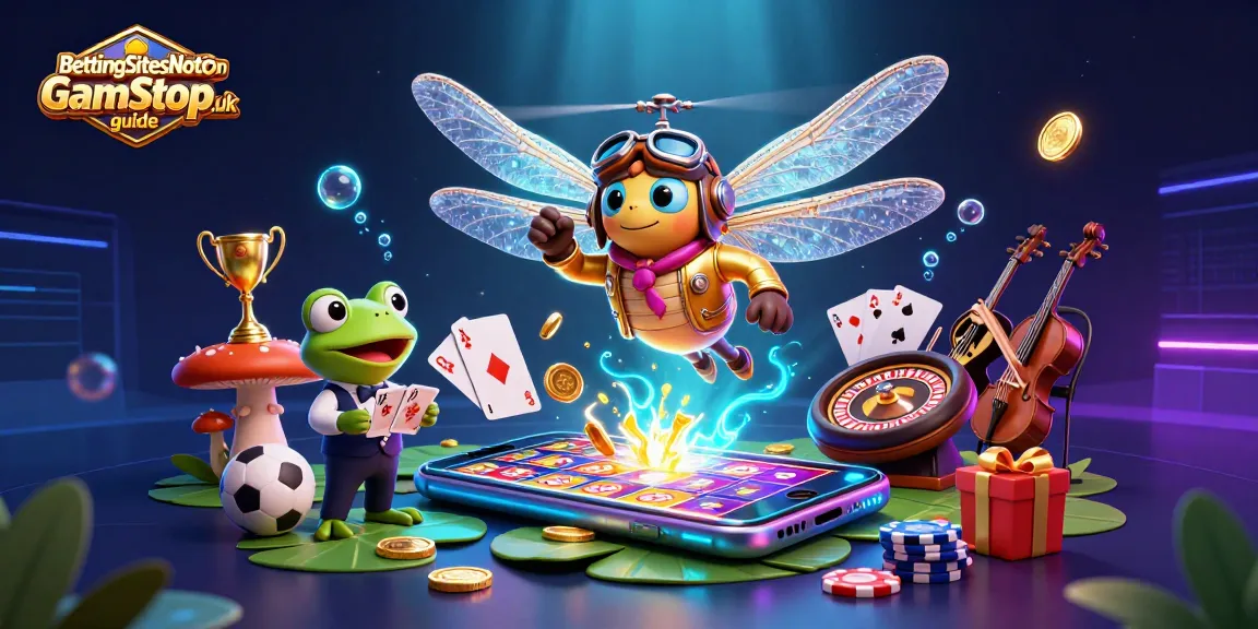 BettingSitesNotOnGamStop.uk guide showcasing an exciting sports betting scene with a dragonfly pilot and frog dealer.