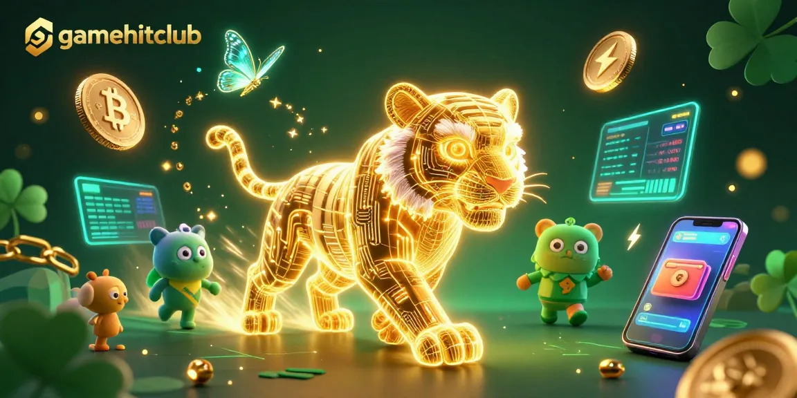Engage with gamehitclub in a vibrant, neon-themed digital casino illustration showcasing a golden tiger and crypto elements.